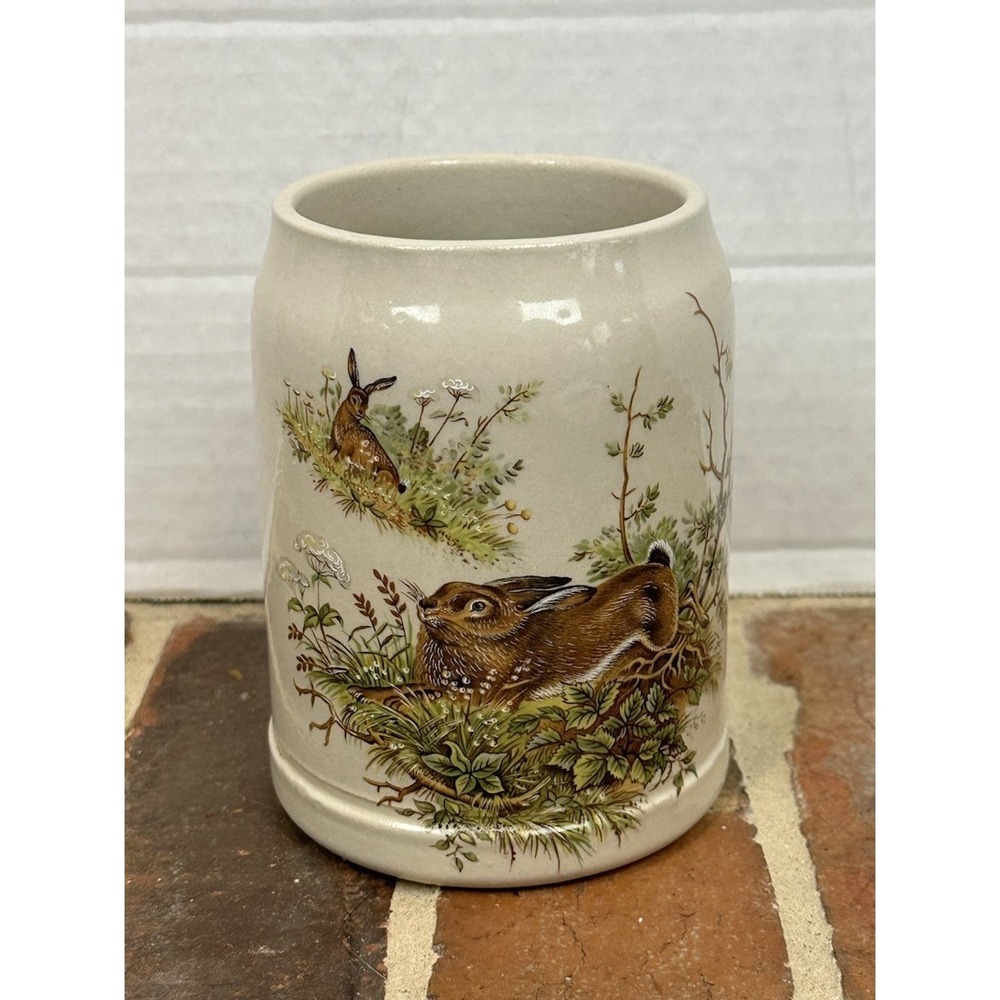 Vintage German Beer Stein Mug Rabbits Hares Wildlife Stoneware Mancave .5 Liter